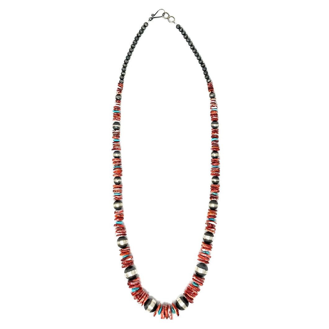 Red Spiny, Turquoise, and Navajo Pearl Necklace