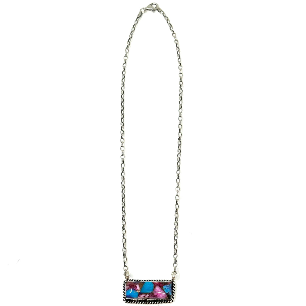 Kingman Pink Dahlia Turquoise Bar Necklace