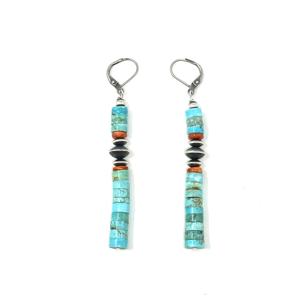 Orange Spiny, Turquoise, and Navajo Pearl Earrings