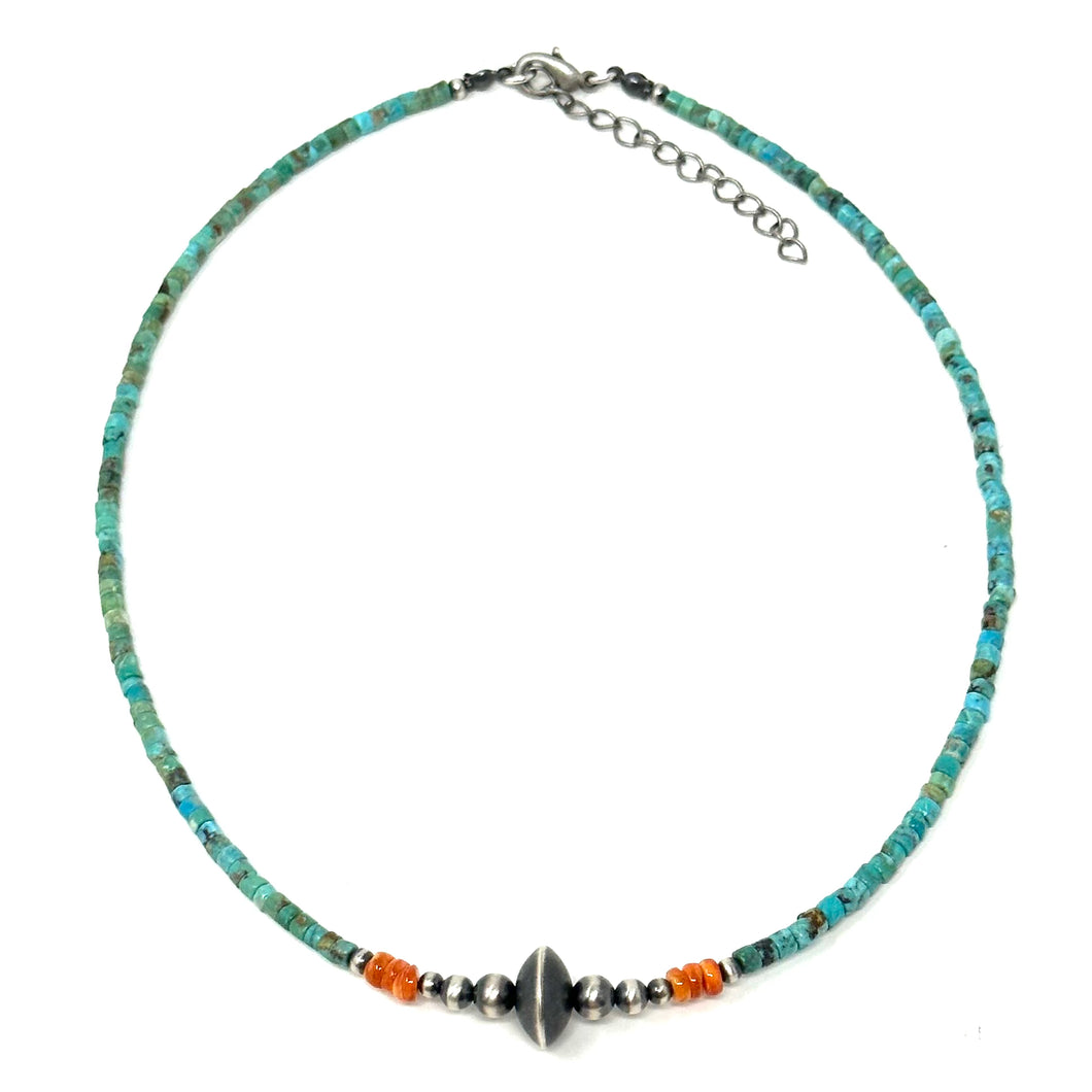 Turquoise, Orange Spiny, and Navajo Pearl Necklace
