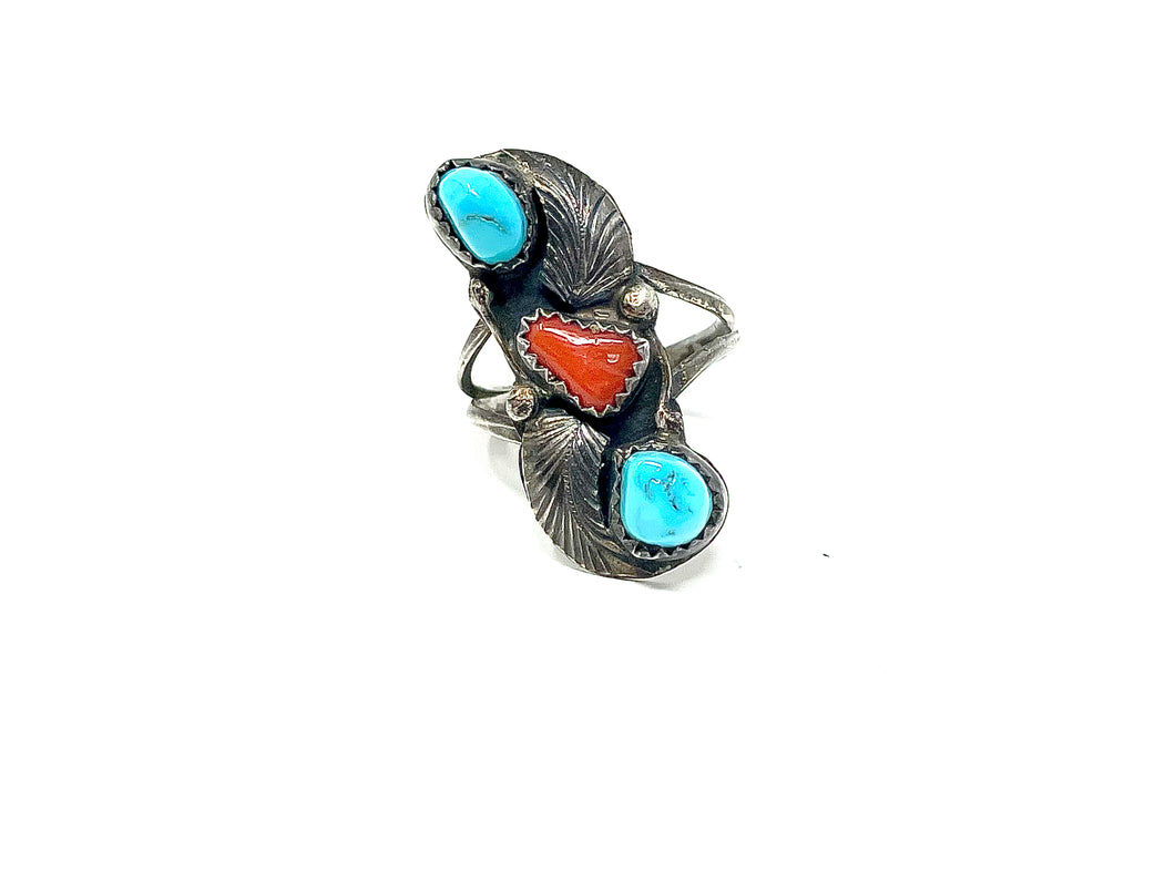 Vintage Red Coral and Turquoise Ring
