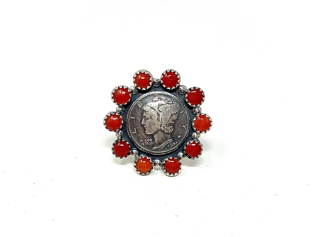Red Coral Coin Ring