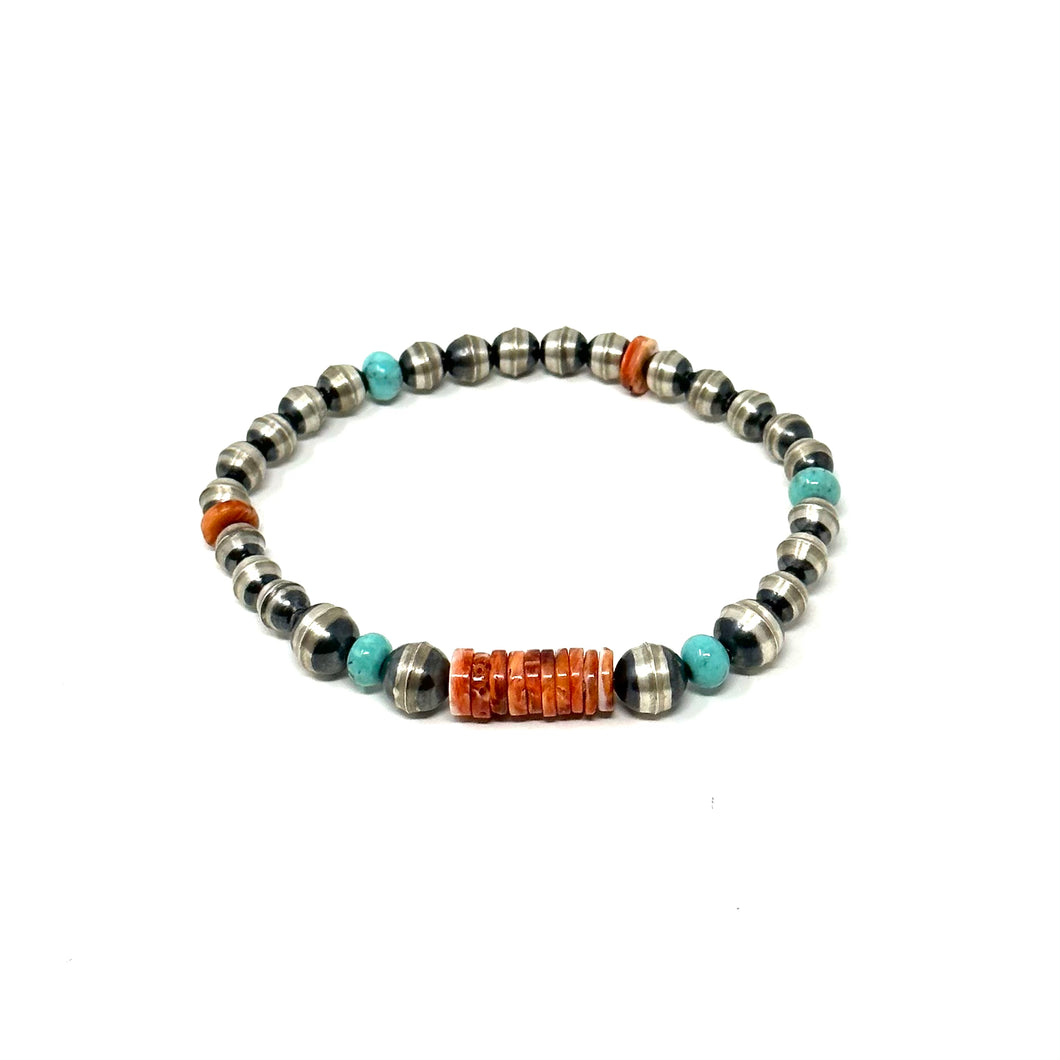Red Spiny, Turquoise, and Navajo Pearl Stretchy Bracelet