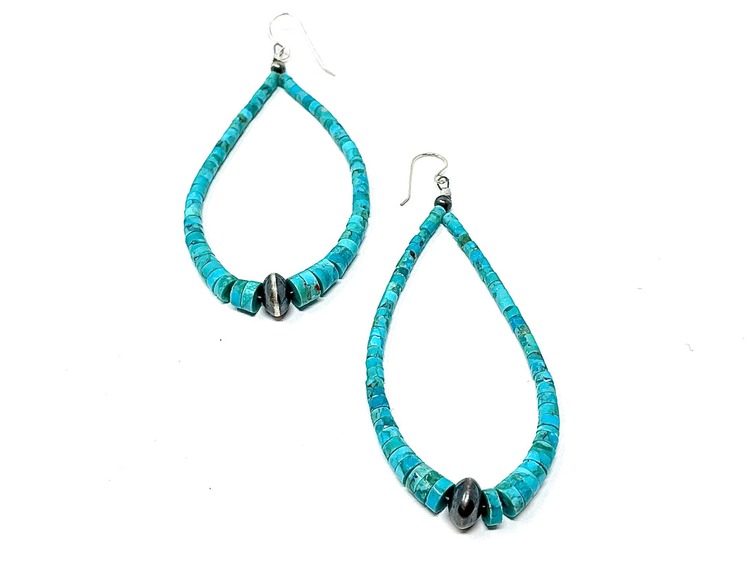 Turquoise Teardrop Hoops with Saucer Navajo Pearl