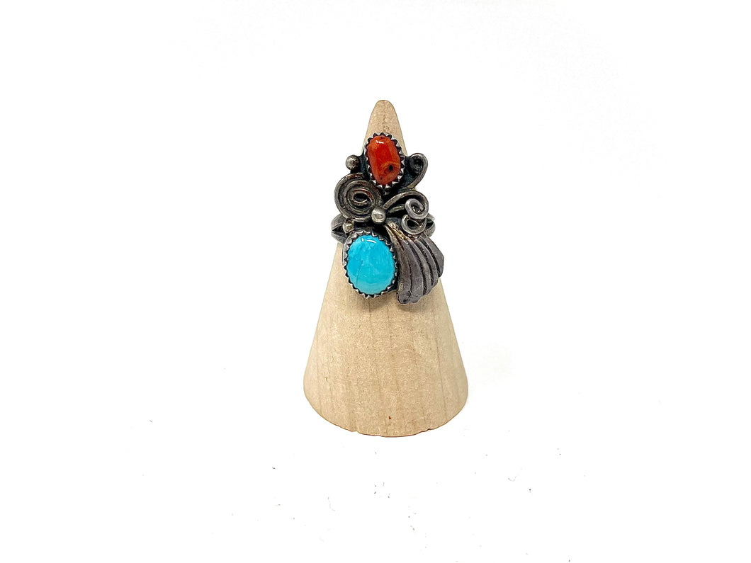 Vintage Red Coral and Turquoise Ring