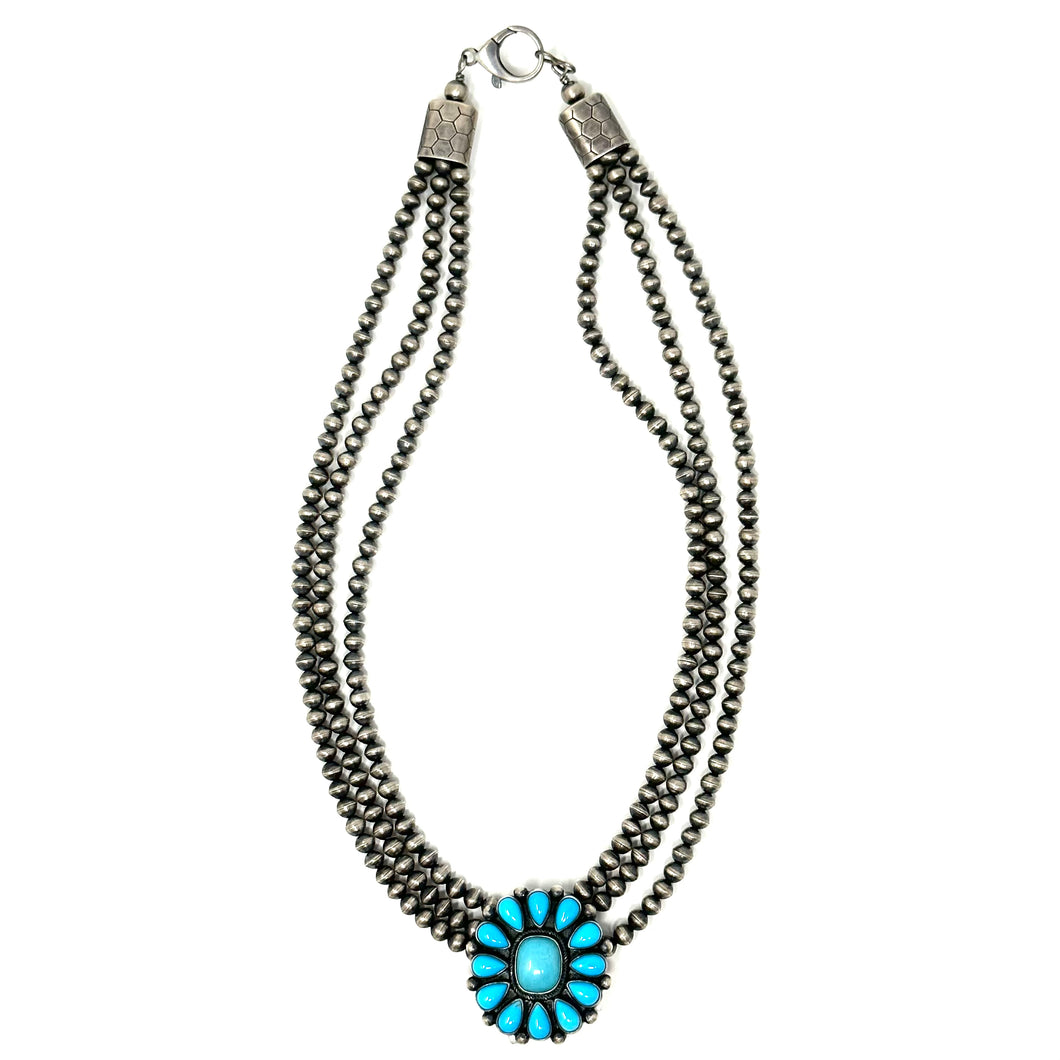 3 Strand Navajo Pearl with Turquoise Cluster Necklace