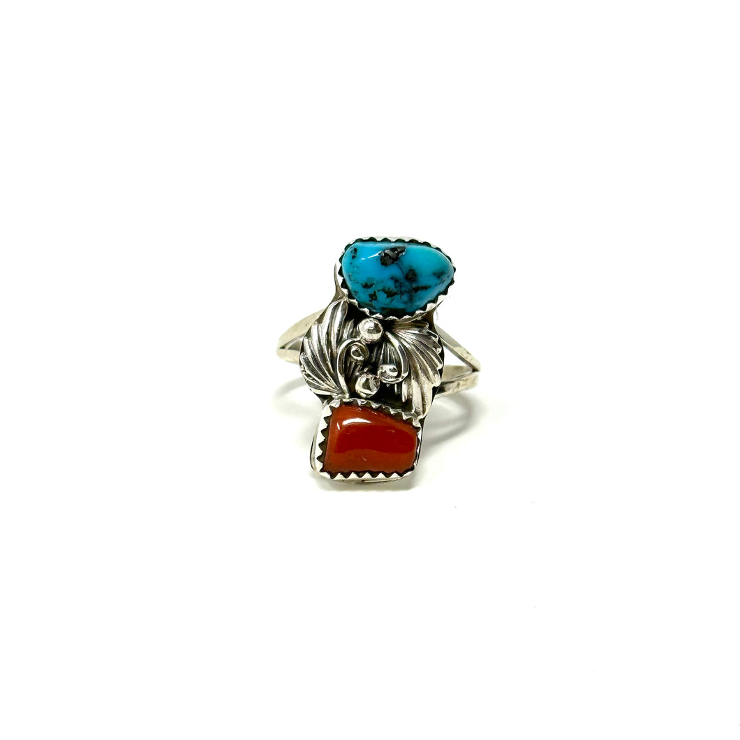 Turquoise and Red Coral Ring