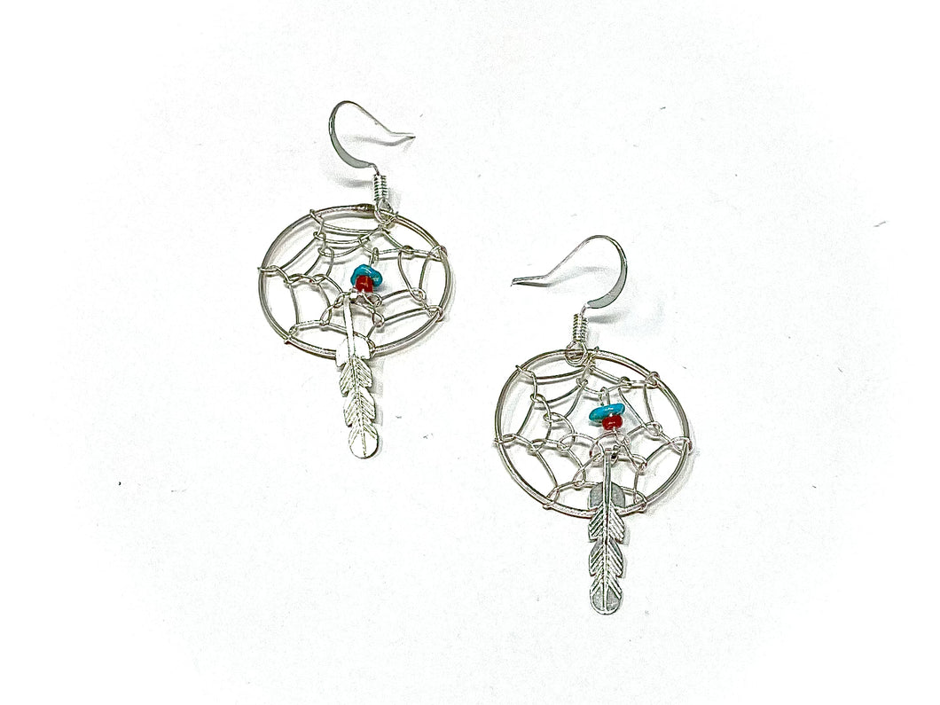 Turquoise and Red Coral Dream-Catcher Earrings