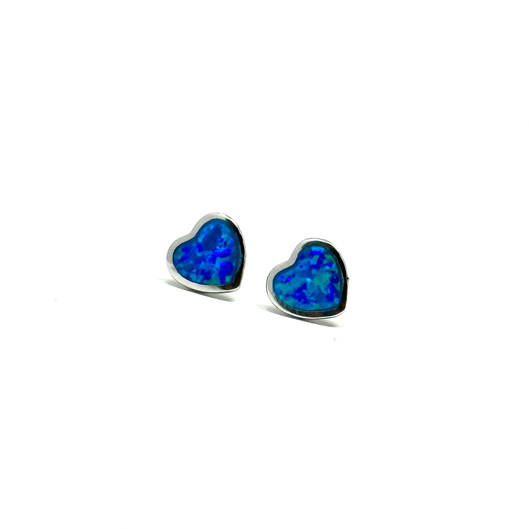 Blue Manmade Opal Heart Stud Earrings