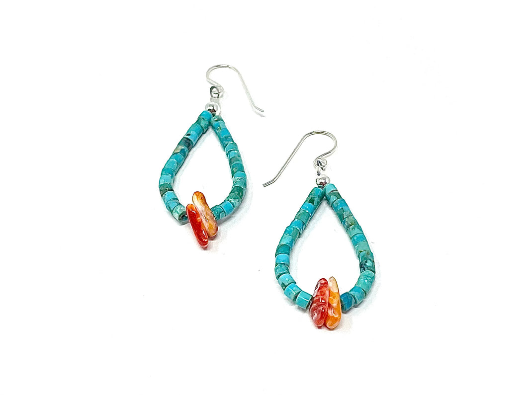 Turquoise Teardrop Hoops with Orange/Red Spiny