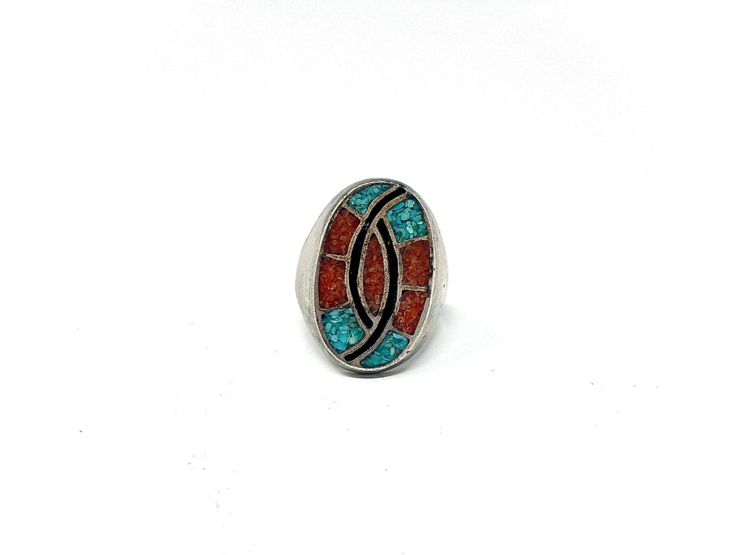 Vintage Inlay Red Coral and Turquoise Ring