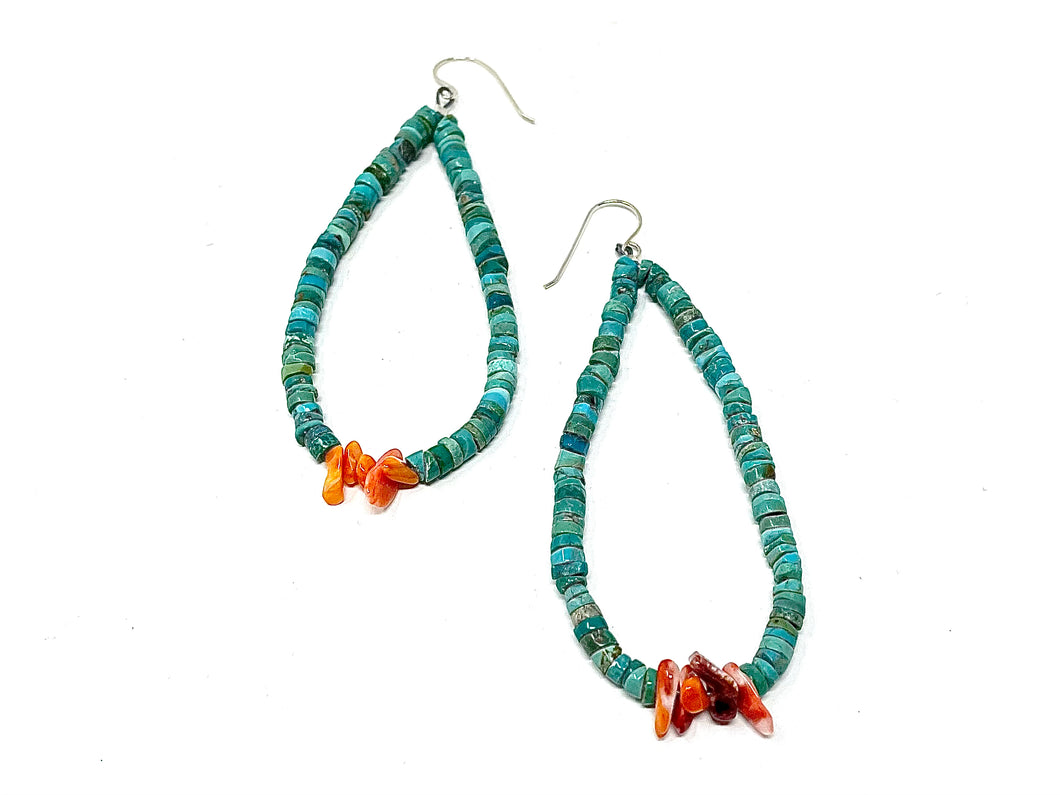 Turquoise and Orange Spiny Teardrop Earrings